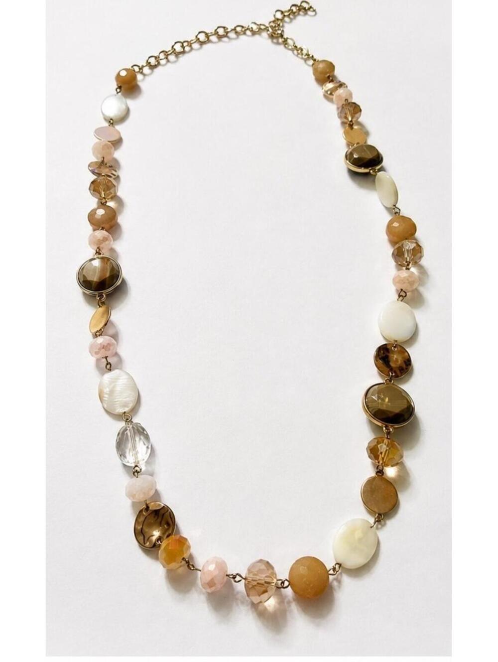 Statement Beaded Necklace Neutral Tones Faux Stone Crystal Gold Tone Chain